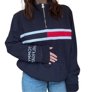 Tommy Hilfiger Navy Half-Zip Sweatshirt with Light Blue and Red Stripe